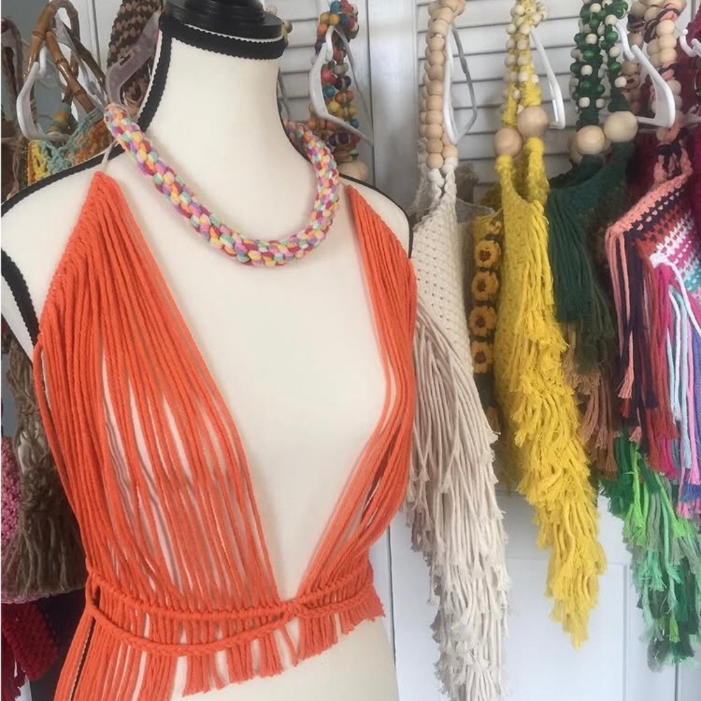Handmade Orange Fringe Macrame Crop Top